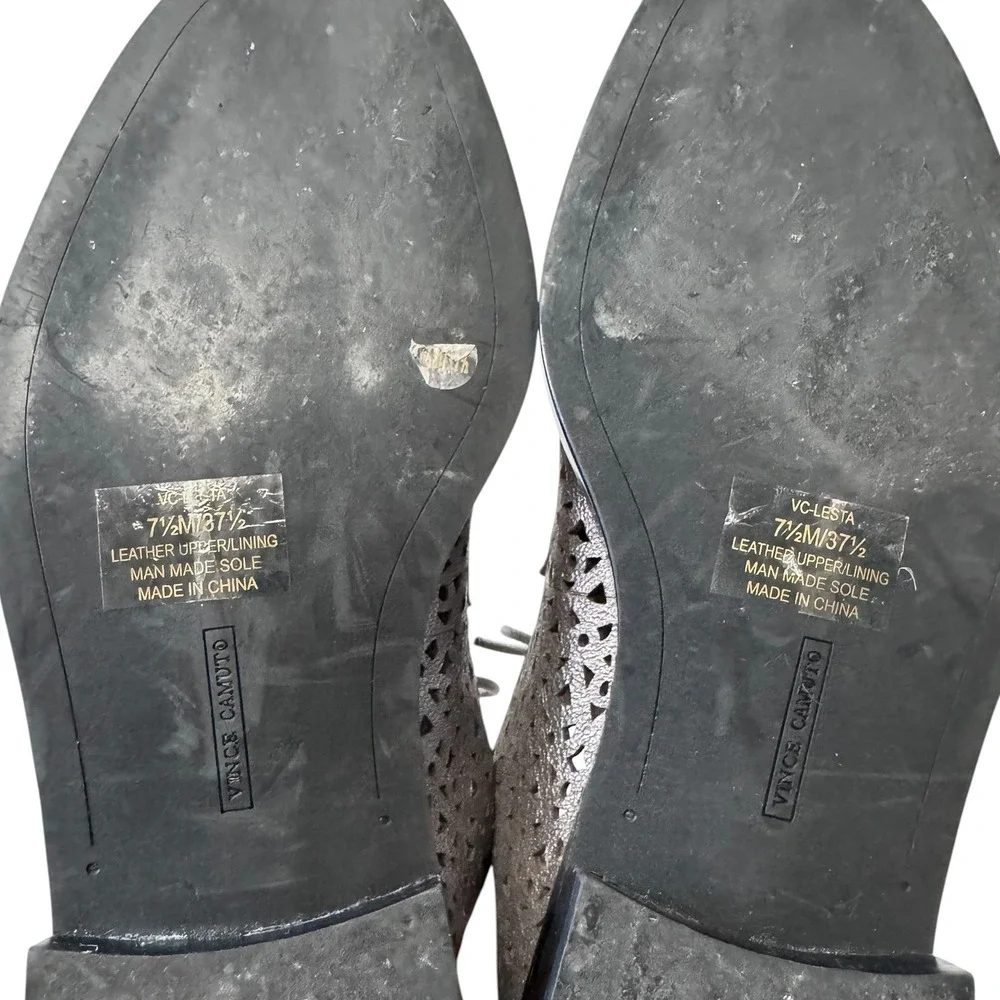 Vince Camuto Metallic Pewter Perforated Leather Studded Oxfords Shoes Womens